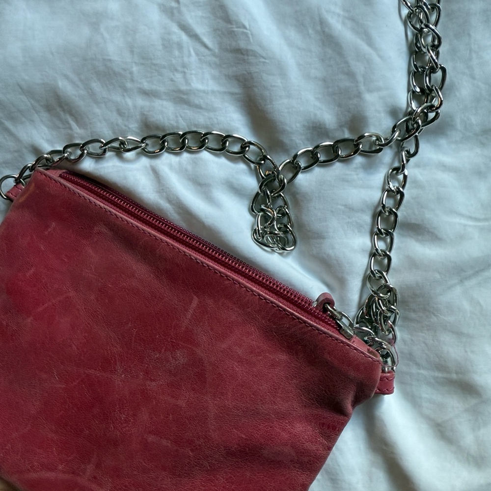 Pink leather bag with chain strap